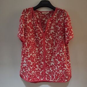 100%SILK Tory Burch Split Neck Blouse Short Sleeve T Shirt Fun Tunic EUC S/M 8